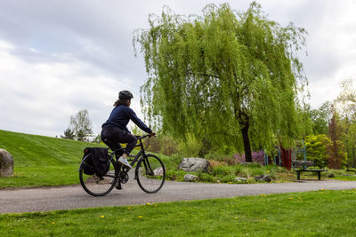 Man riding bicycle on plants