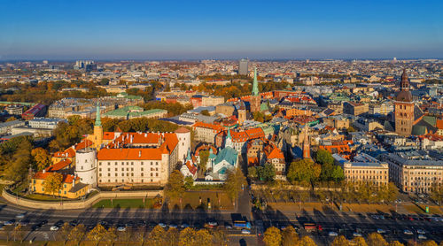 High angle view of buildings in city