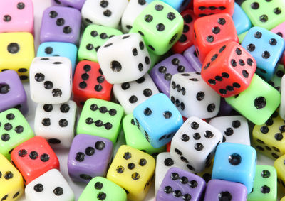 High angle view of colorful dice