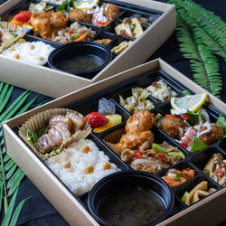 High angle view of food on table