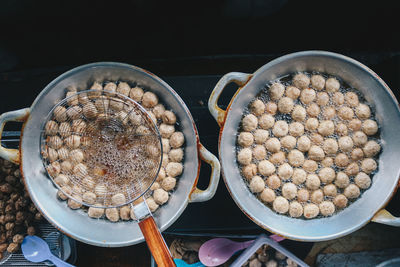 High angle view of bread in basket on table