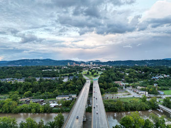 Aerial view of asheville, north carolina. city with blue ridge mountains in the back