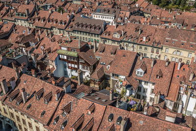 High angle view of old buildings in town