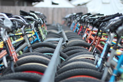 Bicycles parked in row outdoors