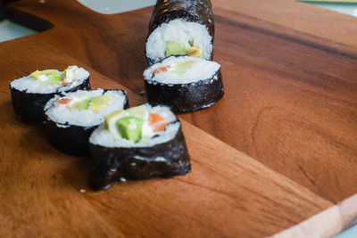 Close-up of sushi served on table