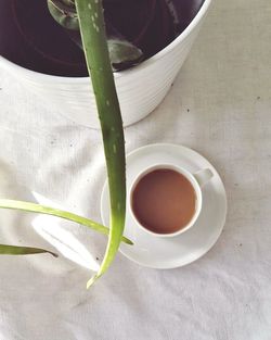 High angle view of tea cup on table