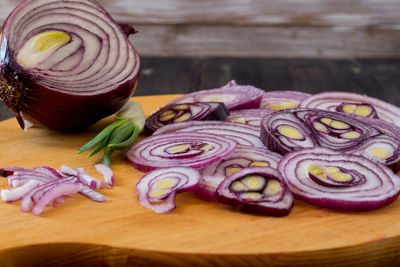 High angle view of chopped vegetables on cutting board