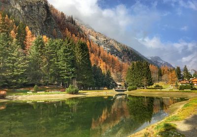 Scenic view of lake by trees against sky