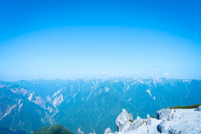 Scenic view of snowcapped mountains against clear blue sky