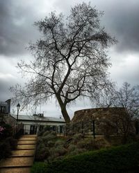 Low angle view of bare tree against cloudy sky