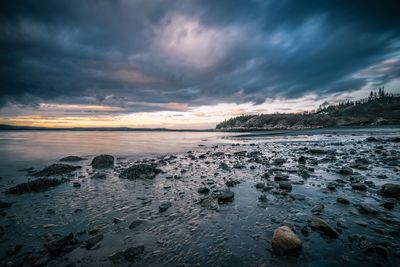 Scenic view of beach against sky during sunset