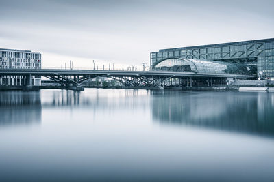 Bridge over river with buildings in background