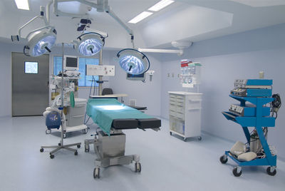 Interior of illuminated modern operating room at hospital