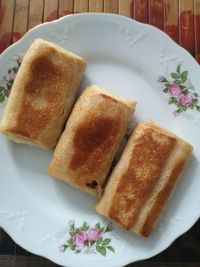 High angle view of breakfast served on table