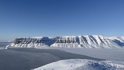 Scenic view of snowcapped mountains against clear blue sky - svalbard 