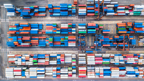 High angle view of container ship at commercial dock