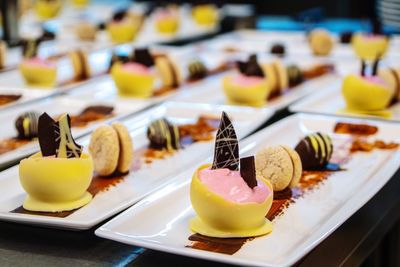 Close-up of dessert served on table