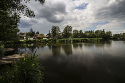 Scenic view of lake against cloudy sky