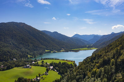 Austria, salzburger land, faistenau, drone view of lake hintersee in summer