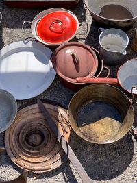 High angle view of objects on table