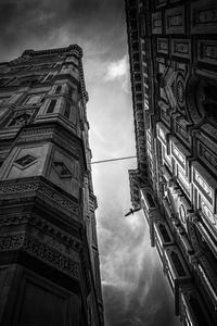 Low angle view of buildings against cloudy sky