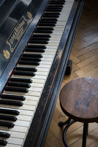 High angle view of piano keys at home