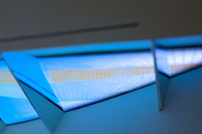 High angle view of open book on table