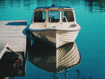 High angle view of boat moored in sea