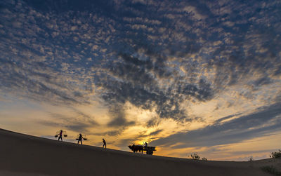 Silhouette people and animal on land against sky during sunset