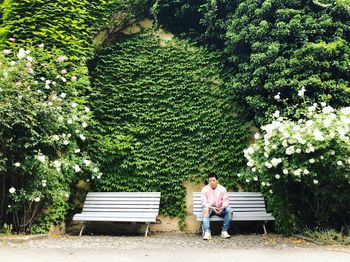 Rear view of woman sitting on bench in park