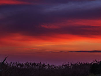 Scenic view of landscape against orange sky