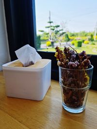 Close-up of potted plants in glass on table