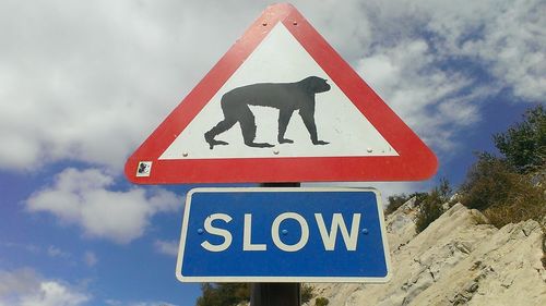 Low angle view of signboard against sky