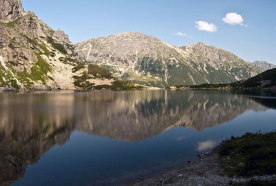 Scenic view of lake and mountains against sky