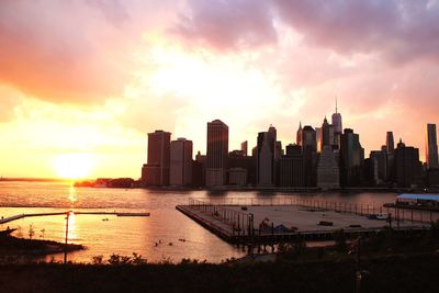 City skyline at sunset