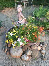High angle view of statue amidst plants in yard