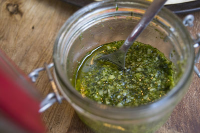 High angle view of drink in jar