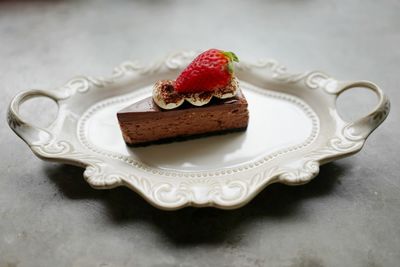 High angle view of cake in plate on table