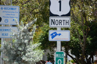 Low angle view of road sign against trees