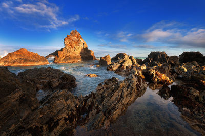 Rock formations at shore against blue sky