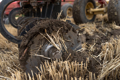 Close-up of dirty combine harvester blades