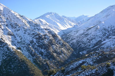 Scenic view of snowcapped mountains against clear sky