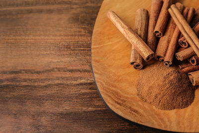 High angle view of food on wooden table