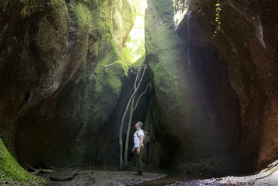 Male hiker standing amidst rock formations in forest