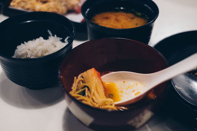 High angle view of breakfast served on table