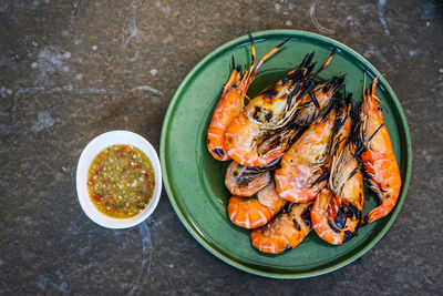 High angle view of food in plate on table