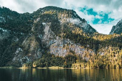 Scenic view of lake and mountains against sky