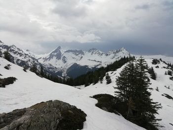 Scenic view of snowcapped mountains against sky