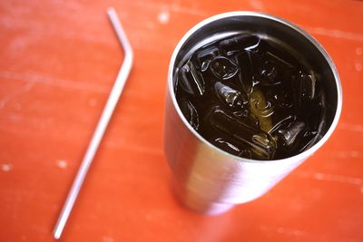 High angle view of coffee cup on table