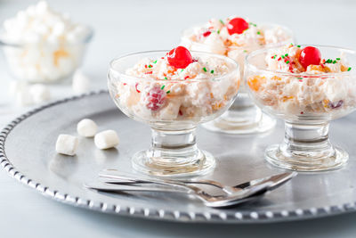 Dessert dishes of ambrosia salad.